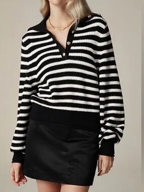 J.Crew Striped Collared Sweater Large Black White Cotton Preppy Polo Knit